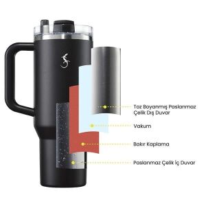 Lurch - “Big Cup” 1.2 L Mat Siyah, Paslanmaz Çelik Termos - Uzatılabilir Pipetli, Çift Cidarlı, Sızdırmaz - 240978