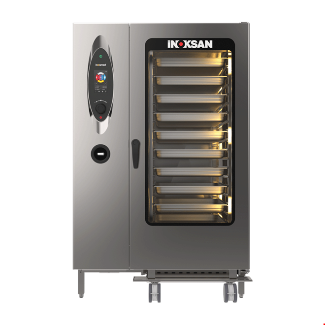 İNOKSAN INO-FBE 40T İnosmart Dokunmatik Elektrikli Kombi Fırın (52 kW) - 40 Tepsi GN 1/1, Mobil Arabalı, Akıllı Yıkama