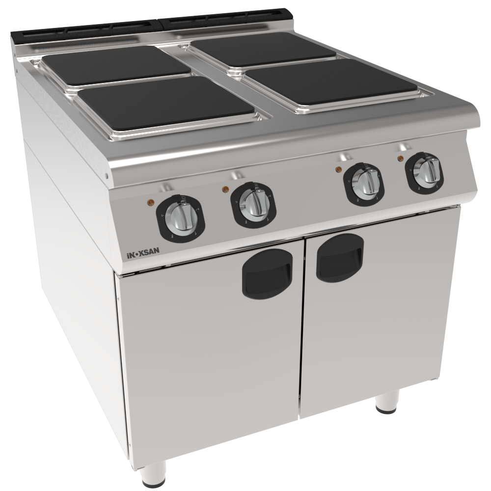 İnoksan INO-9KE20Perfect 900 Seri 4 Kare  Pleytli Elektrikli Endüstriyel Ocak | Dolaplı Paslanmaz Çelik Pişirme Ünitesi, 16 kW